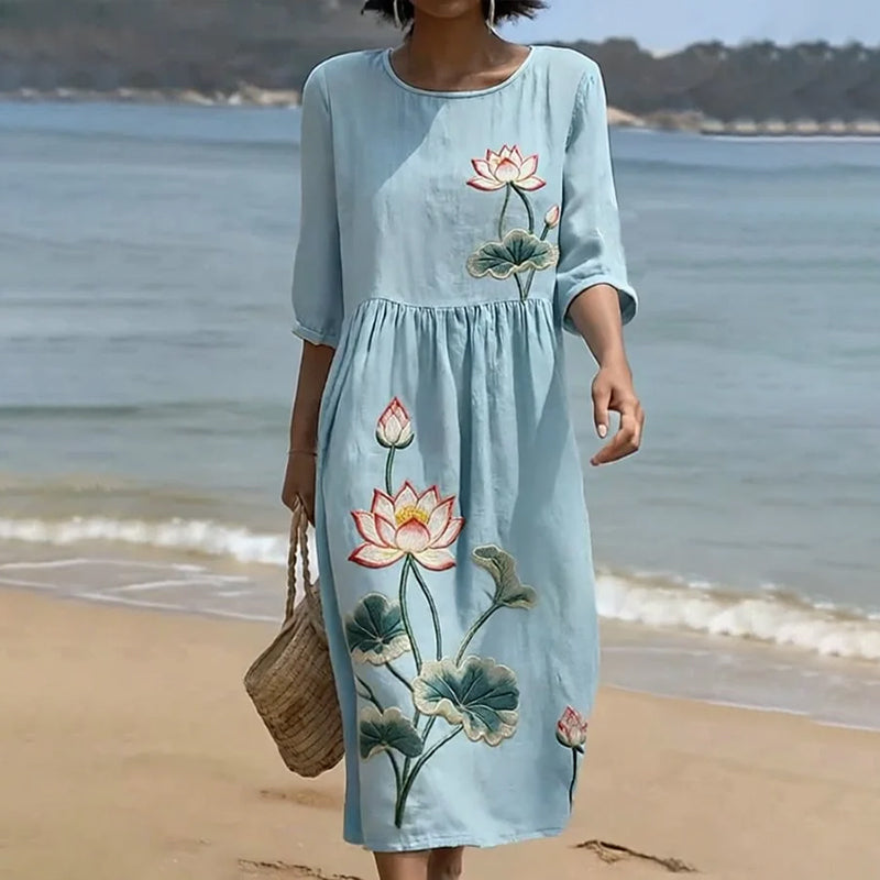 Cardydony Vintage Floral Lotus Art Pattern Linen Blend Loose Three-quarter Sleeve Dress