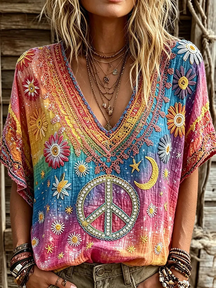 Cardydony Women's Retro Hippie Floral Peace Color Gradient Art Print Casual T-shirt
