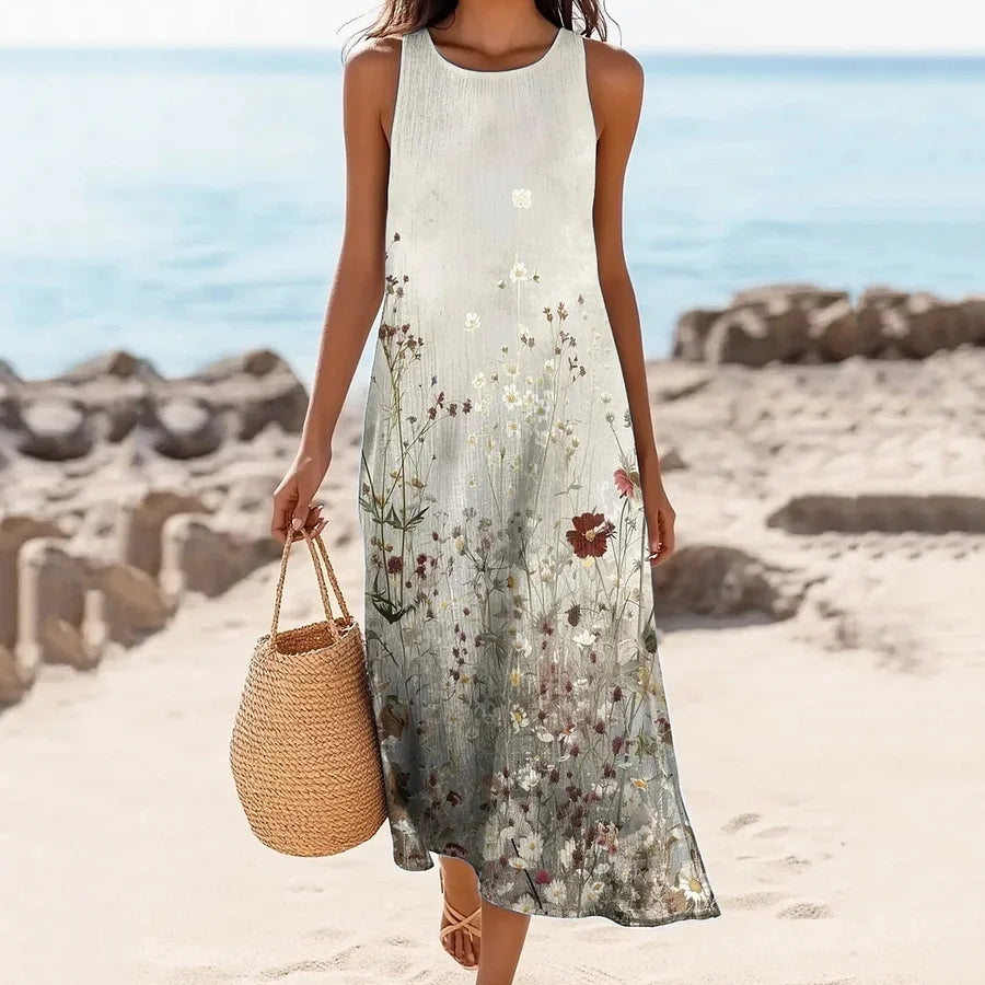 Cardydony Women's Floral Print Linen Blend Tank Midi Dress