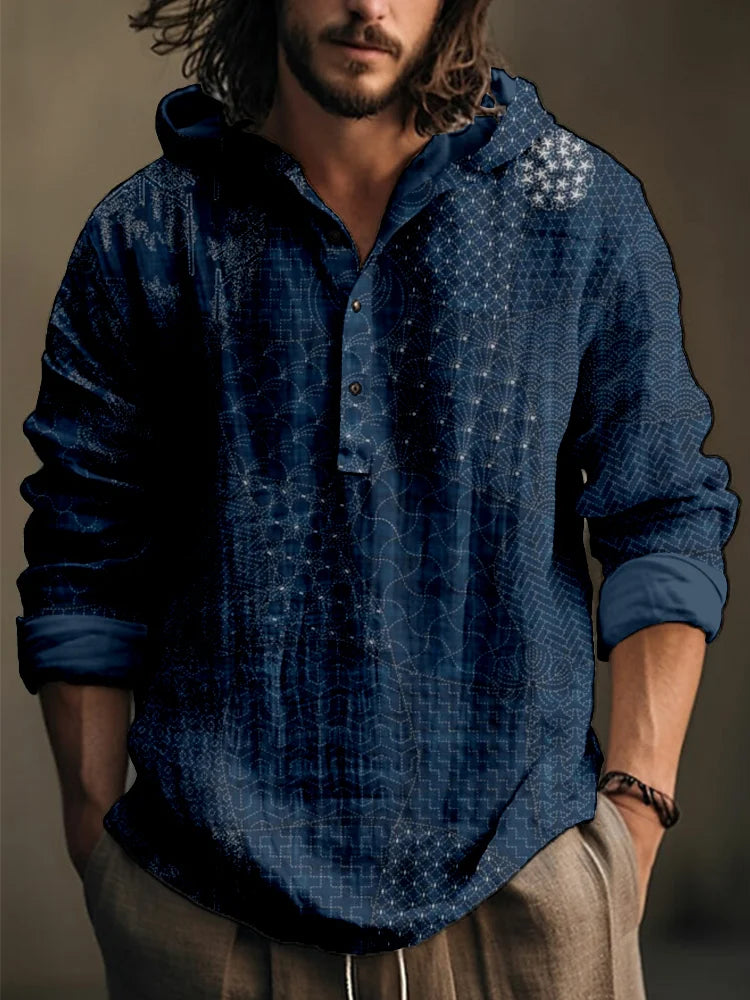 Cardydony Men's Japanese Traditional Sashiko Art Linen Blend Hooded Shirt