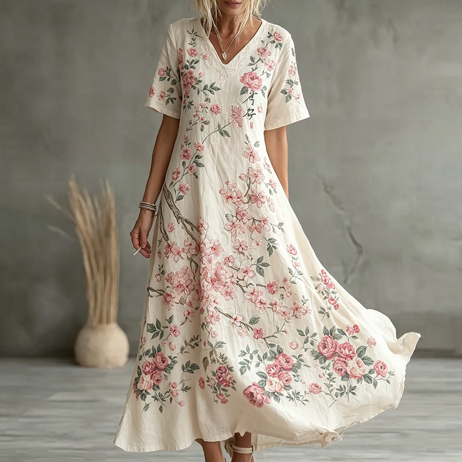 Cardydony Floral Pattern Design Women's Casual Linen Dress