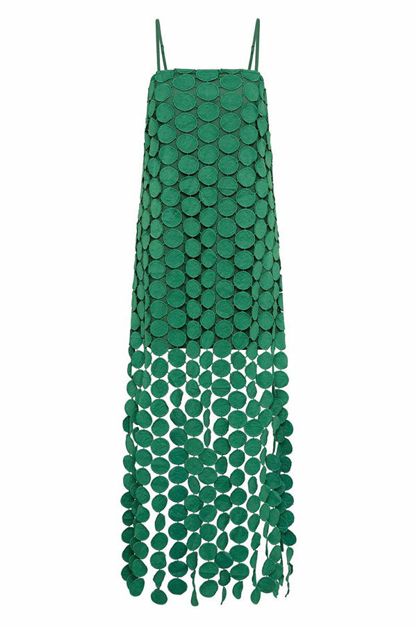 Cardydony Women's Juju Embroidered Cutout Polka Dots Square Neck Tassel Hem Slip Maxi Dress