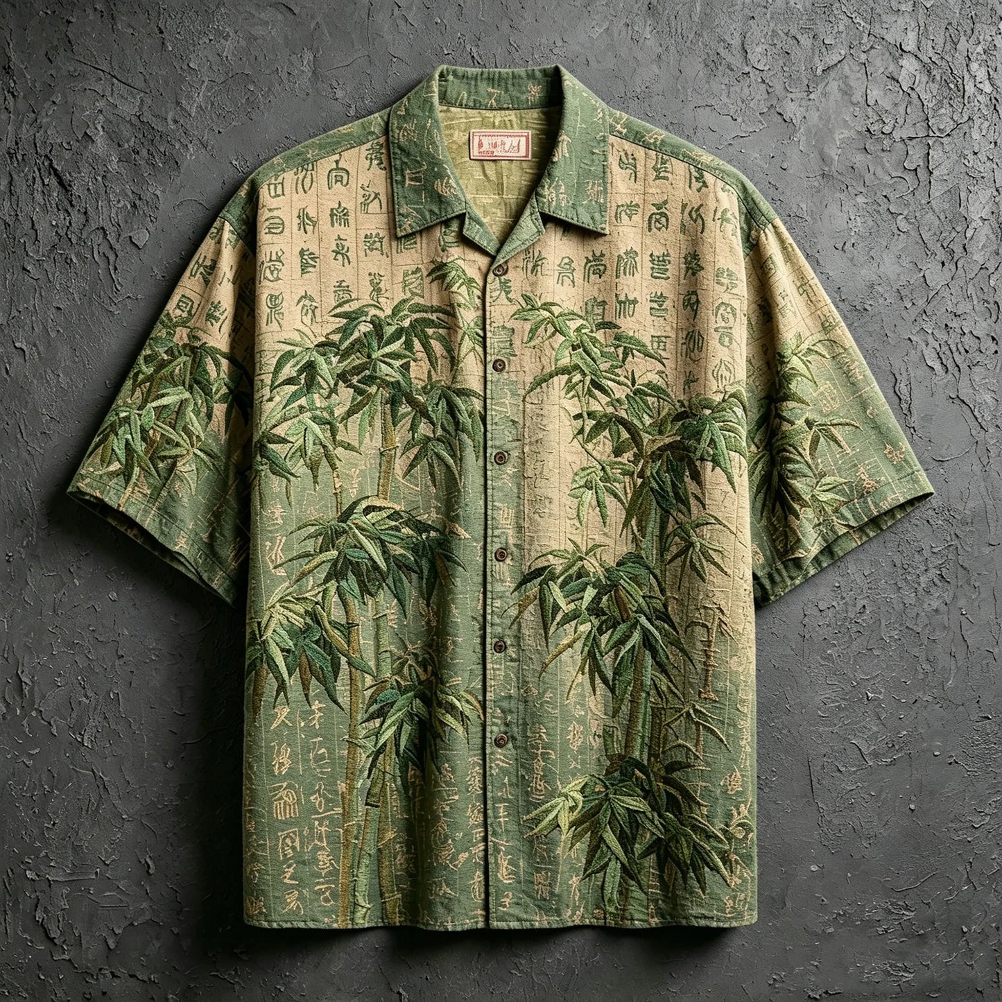 Cardydony Vintage East Asian Bamboo & Ancient Script Woven Shirt, Heavy Texture Embroidered Short Sleeve Vacation Blouse