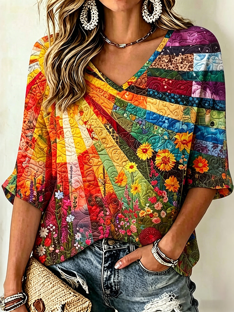 Cardydony Women's Vintage Floral Gradient Art Print Flowy Linen Blend Three-quarter Sleeve V Neck Linen Tops