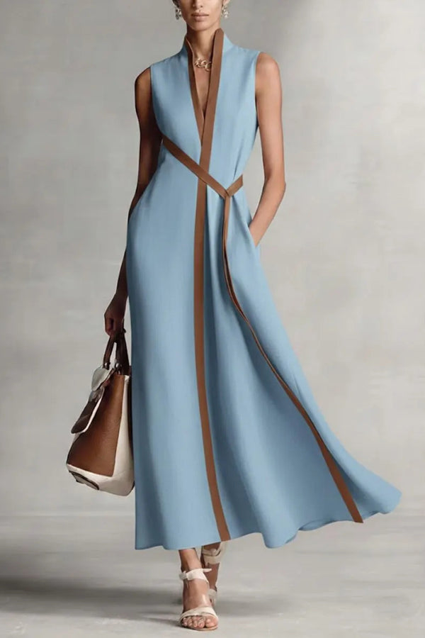 Cardydony Women's Linen Blend Color-blocked Edging V-neck Sleeveless Loose Maxi Dress