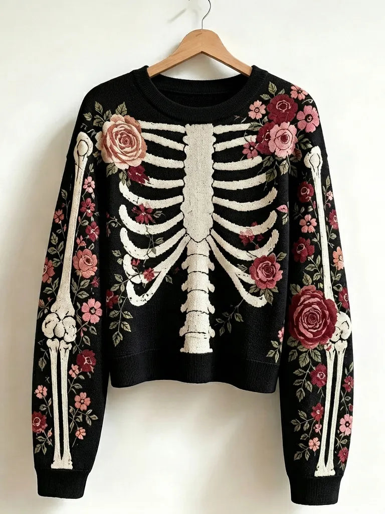 Cardydony Comstylish Women's Vintage Skeleton And Rose Art Cozy Sweater