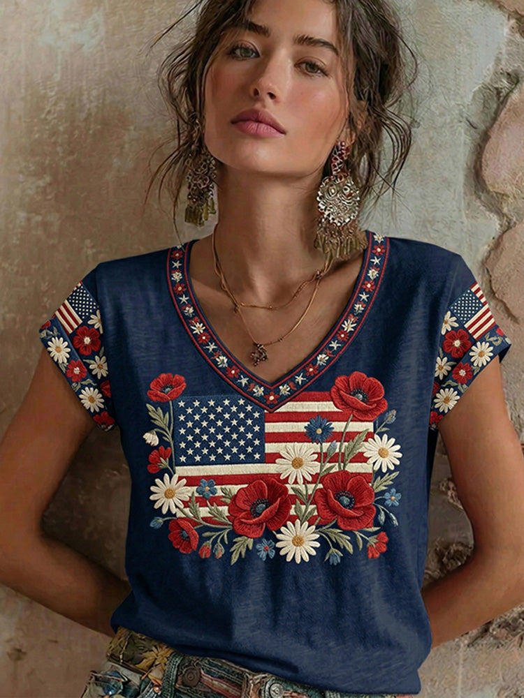 Cardydony Women's Retro Flag Floral Art Pattern V-neck Short Sleeve T-shirt