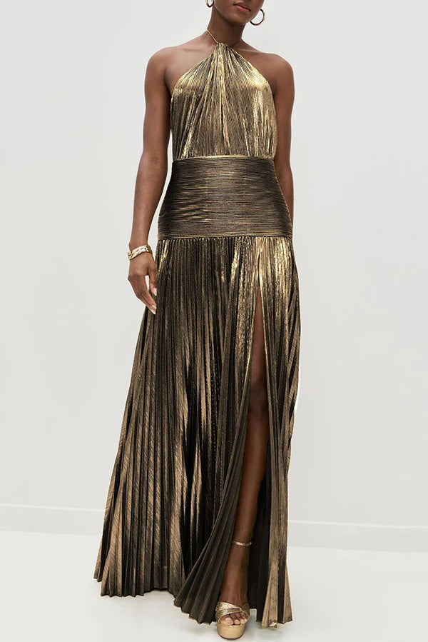 Cardydony Women's Glamorous Metallic Pleated Fabric Open Back Halter Slit Maxi Dress