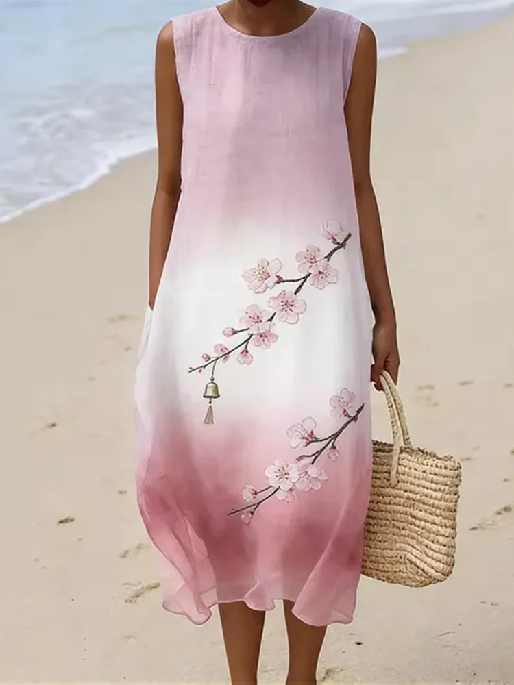 Cardydony Vintage Japanese-style Cherry Blossom And Wind Chime Art Embroidery Cotton Linen Dress