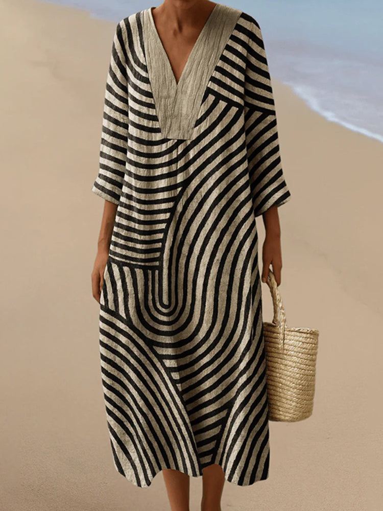 Cardydony Vintage Stripe Pattern Cotton Linen Comfy Maxi Dress