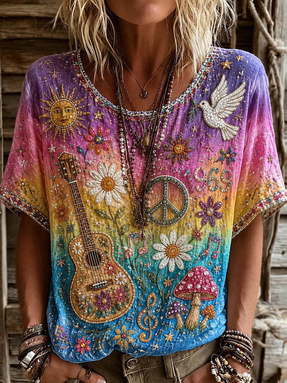 Cardydony Women's Retro Hippie Floral Music Guitar Art Casual Cotton Linen T-shirt