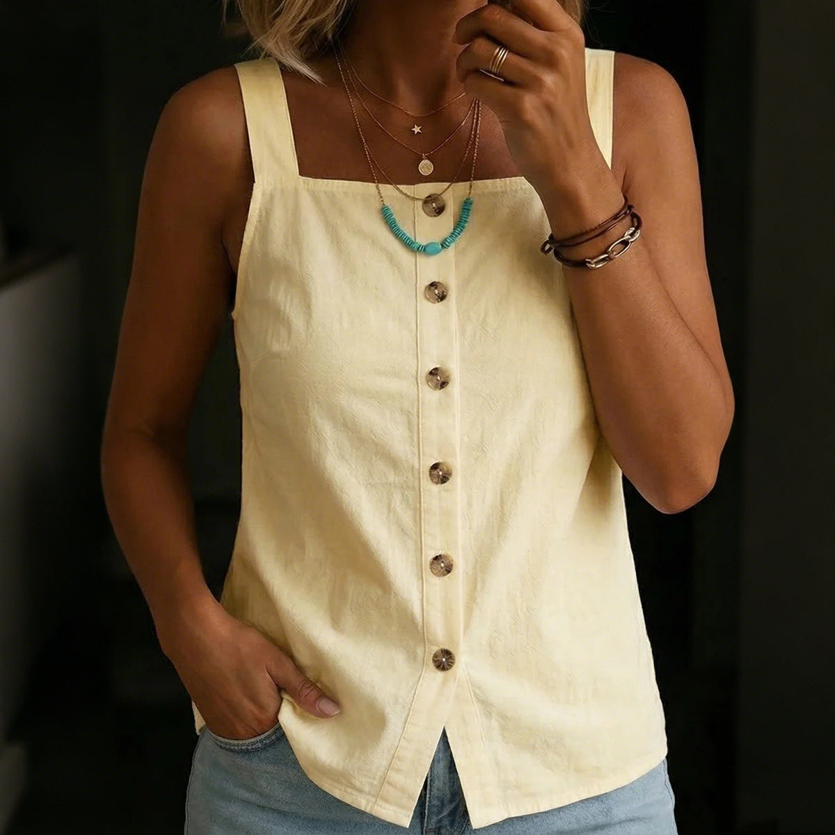 Cardydony Women's Vintage Simple Buttons Cotton Linen Sleeveless Top