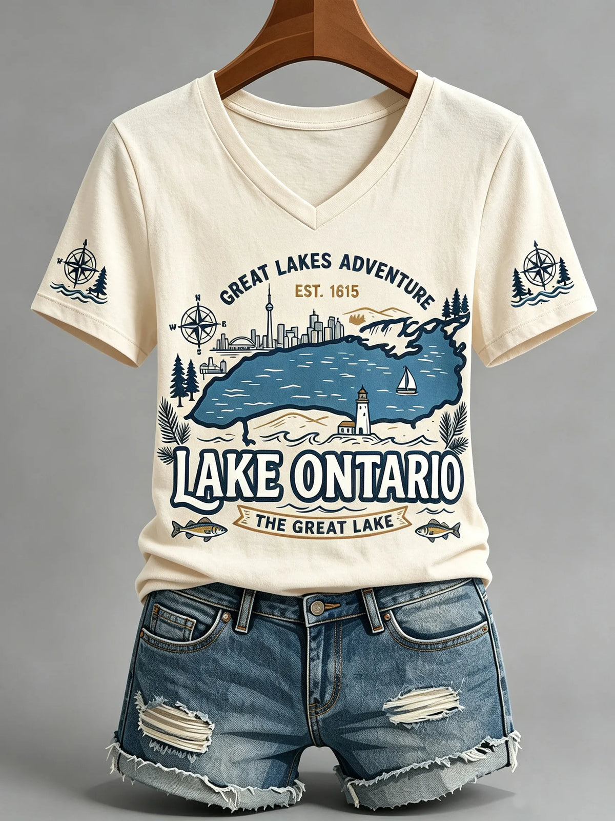 Cardydony Women's Lake Ontario Casual Art Printed V-neck T-shirt