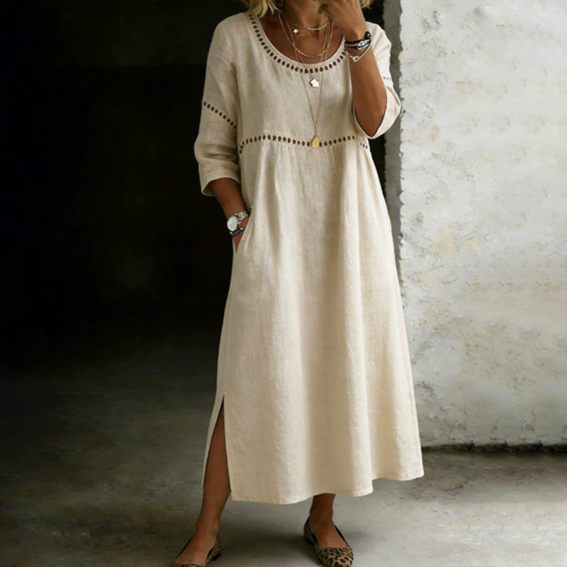 Cardydony Women's Solid Color Round Neck Split Linen Blend Midi Dress