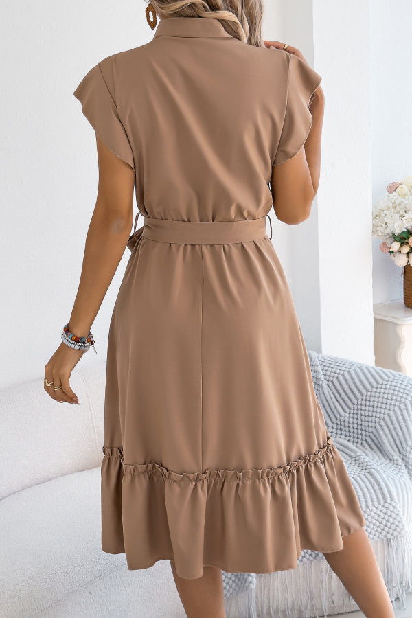 Cardydony Women's Solid Color Stand Collar Button Waist Tie Casual Midi Dress