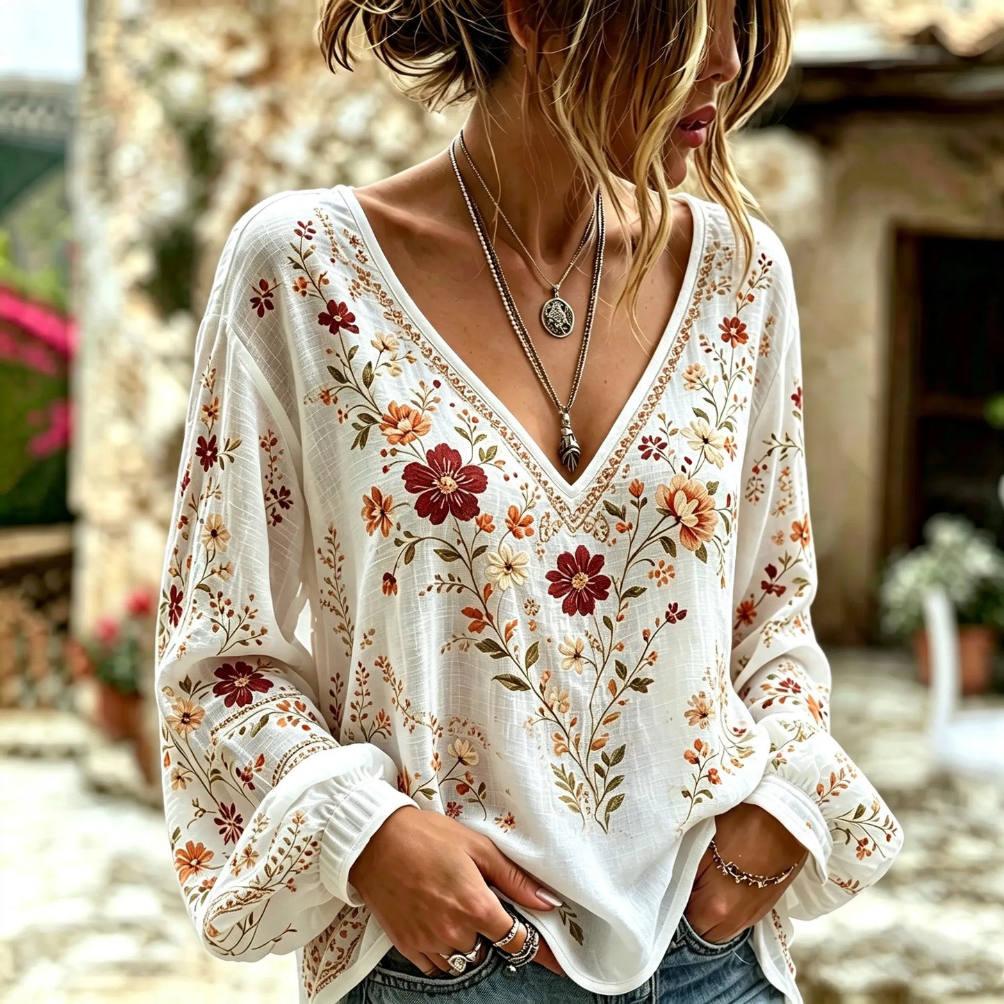 Cardydony Women's Bohemian Floral Print Cotton Linen Top