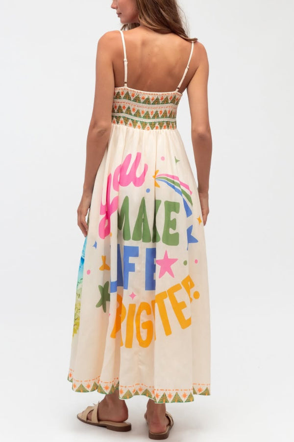 Cardydony Women's Unique Printed Spaghetti Strap Pleated Casual Maxi Dress
