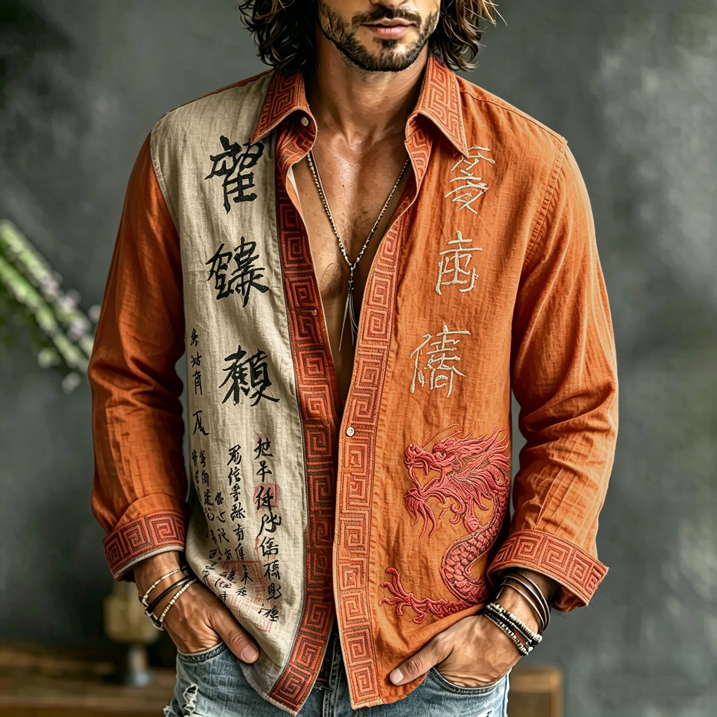 Cardydony Men's Retro Japanese Calligraphy And Dragon Art Pattern Casual Linen Blend Shirt