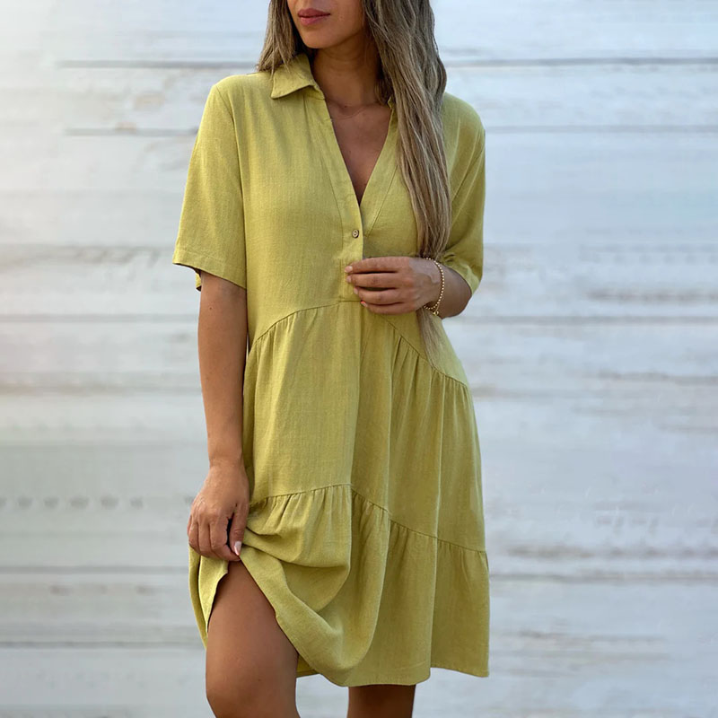 Cardydony Loose Solid Color Lapel Casual Short-sleeved Cotton Linen Dress