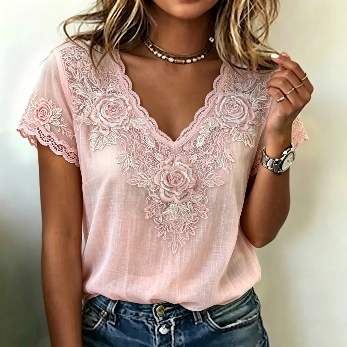 CardydonyWomen's Retro Bohemian Style Rose Embroidery Print Short-sleeve Top