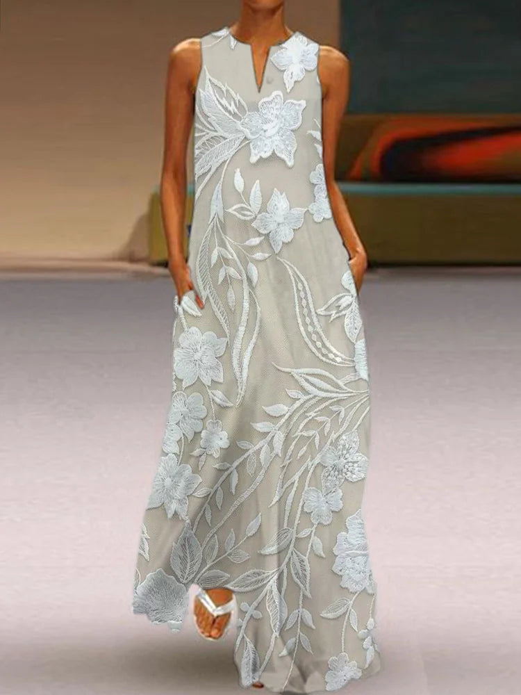 Cardydony Classy Floral Embroidered Flowy Maxi Dress