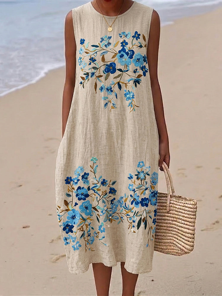 Cardydony Women's Flower Pattern Round Neck Sleeveless Loose Midi Dress