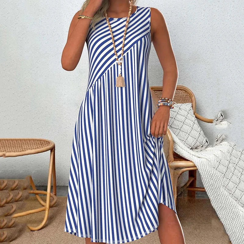 Cardydony Striped Crew Neck Tank Midi Dress