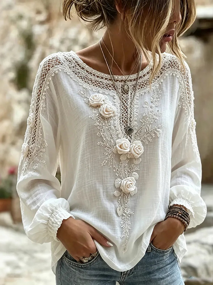 Cardydony Women's Vintage Floral Art Flowy Crew Neck Long Sleeve Linen T-shirt Tops