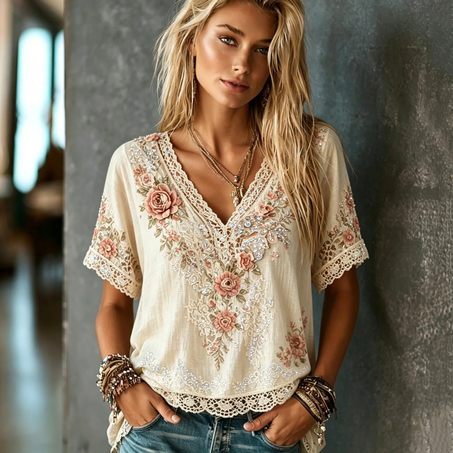 Cardydony Women's Retro Floral Lace Design Cotton Linen V-neck T-shirt