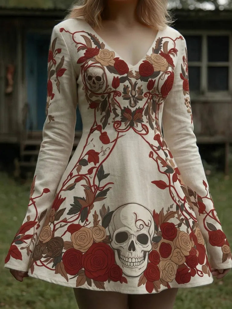 Cardydony Women's Retro Halloween Skull And Floral Print V-neck Long Sleeve Dress