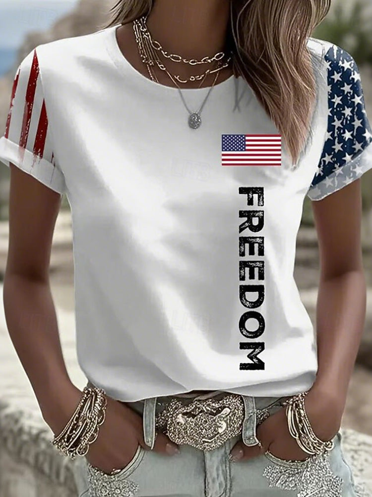 Cardydony Women's Casual American 250th Anniversary Patriotic Print Round Neck T Shirt