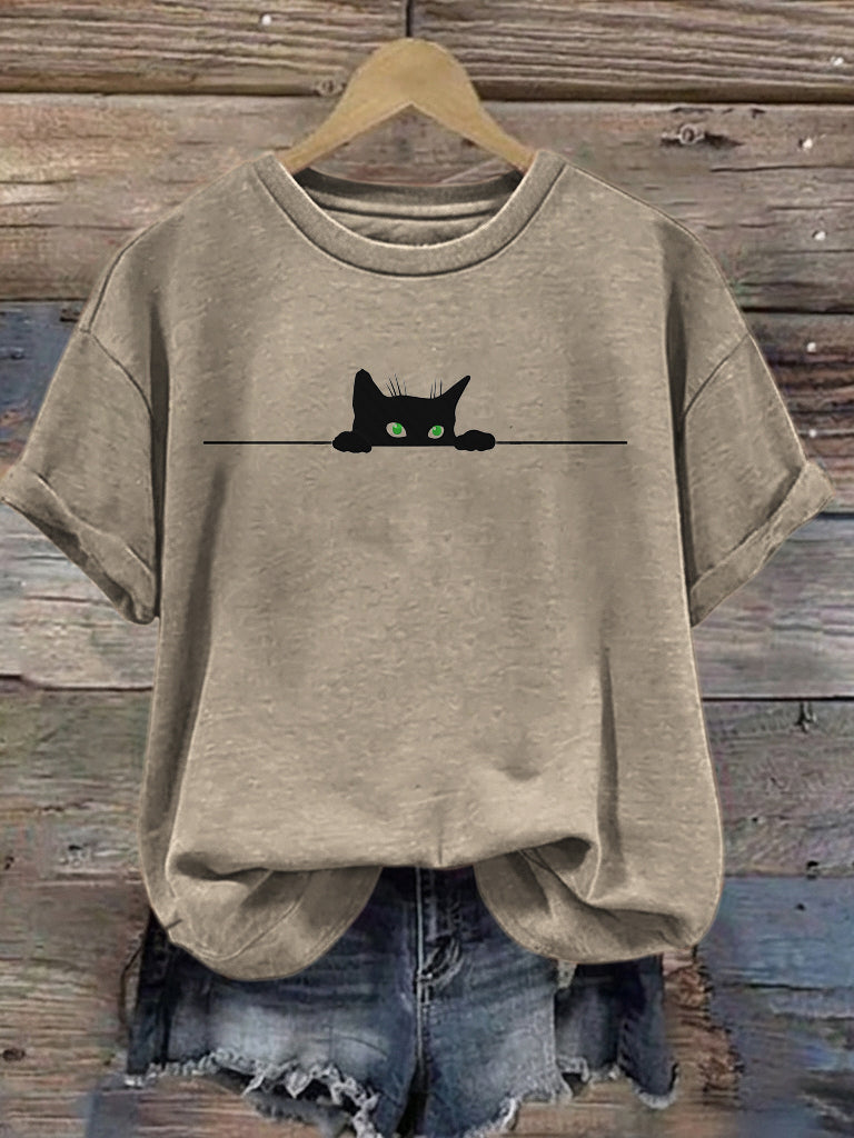 Cardydony Women's Cute Black Cat Print Casual T-shirt