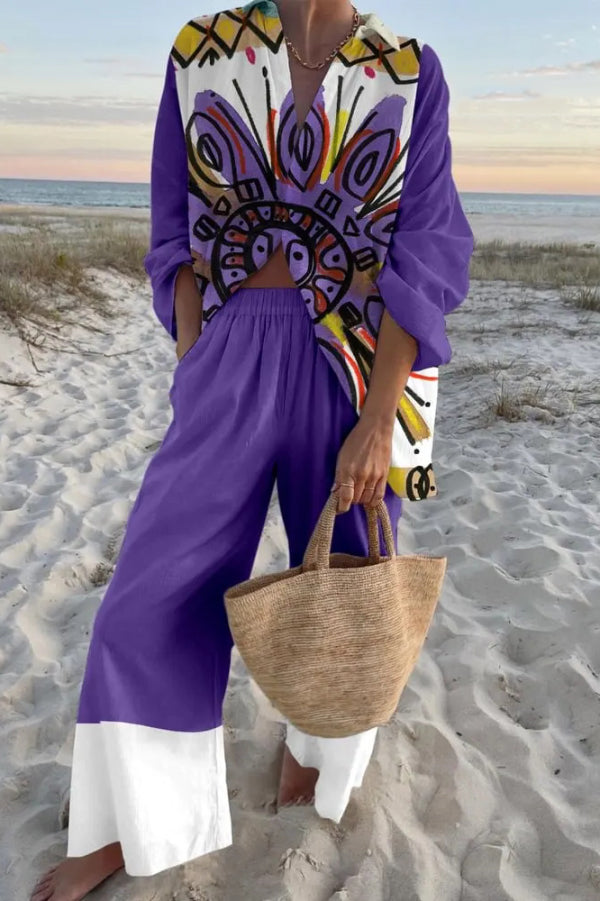 Cardydony Women's Abstract Print Oversized Shirt and Elastic Waist Pocket Pants Set