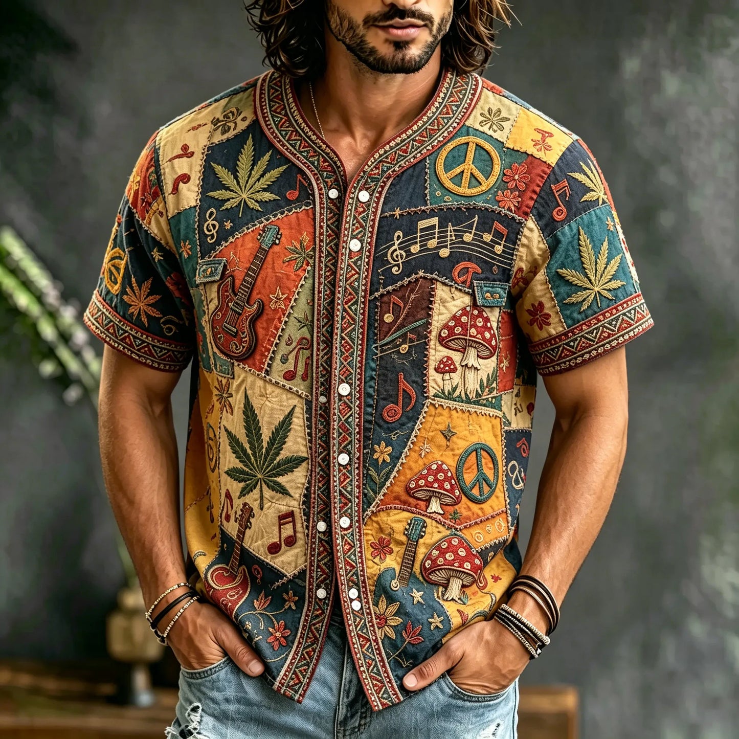 Cardydony Men's Color-blocked Retro Ethnic Print Short-sleeved Cotton And Linen Shirt