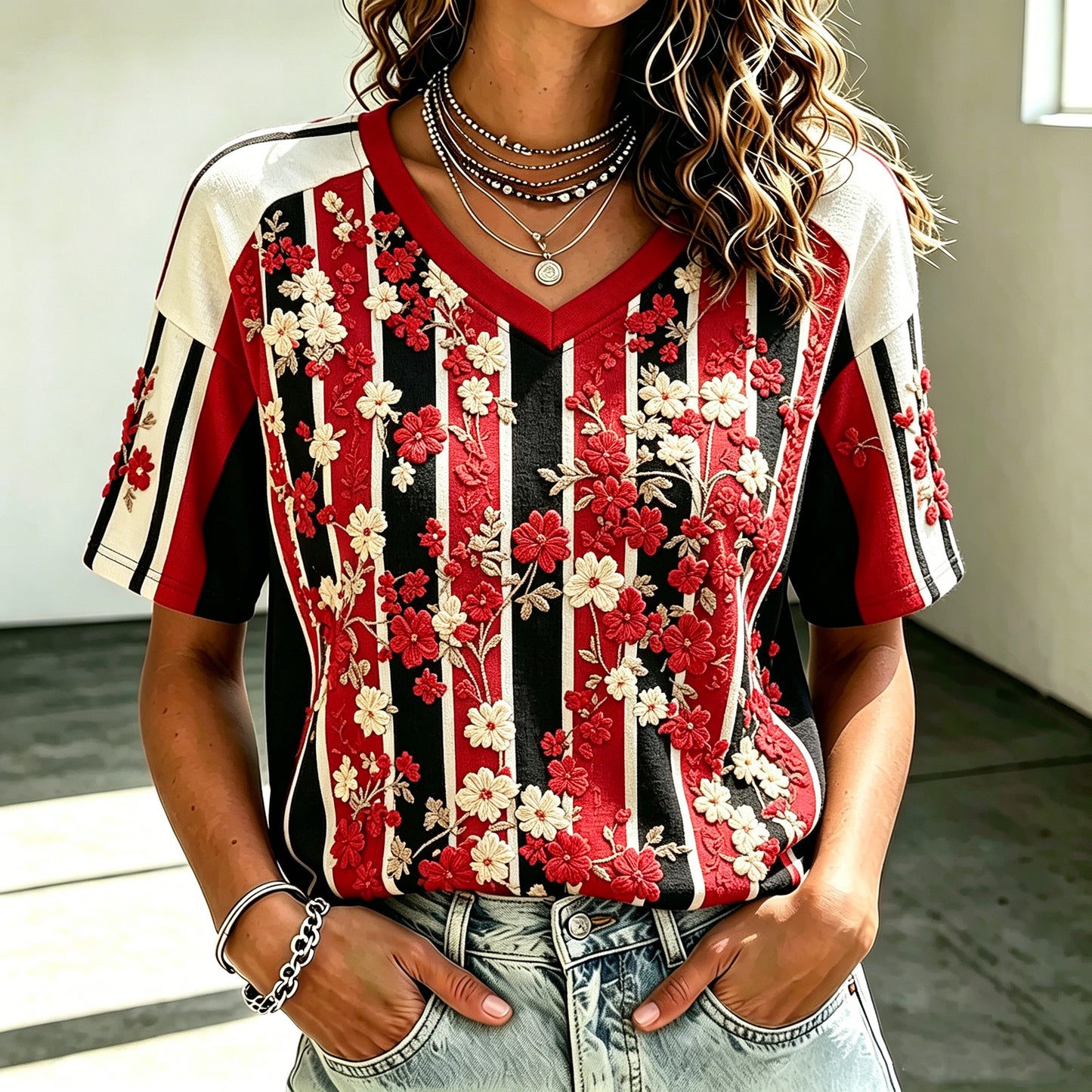 Cardydony Women's V-neck Top With Floral Print Featuring World Cup Football Team Jersey Elements