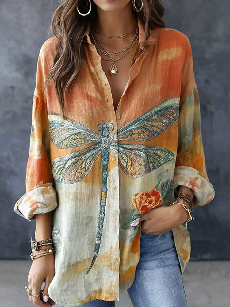 Cardydony Retro Dragonfly Andfloral Pattern Linen Long Sleeve Shirts