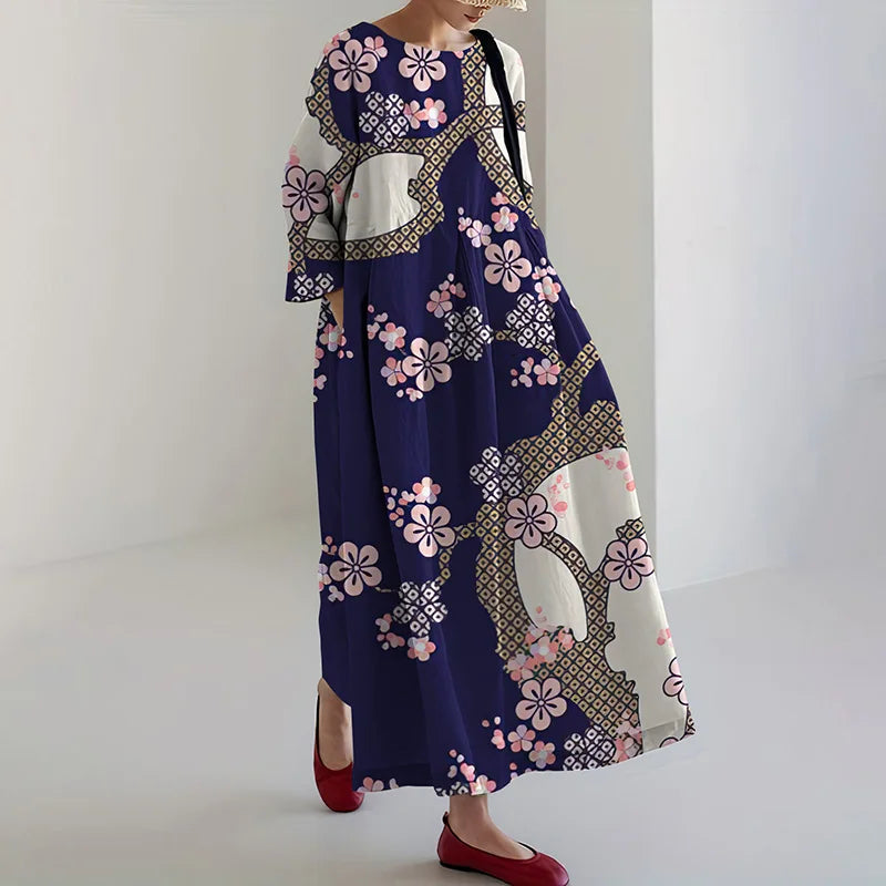 Cardydony Women's Vintage Japanese Cherry Blossom Print Loose Midi Dress