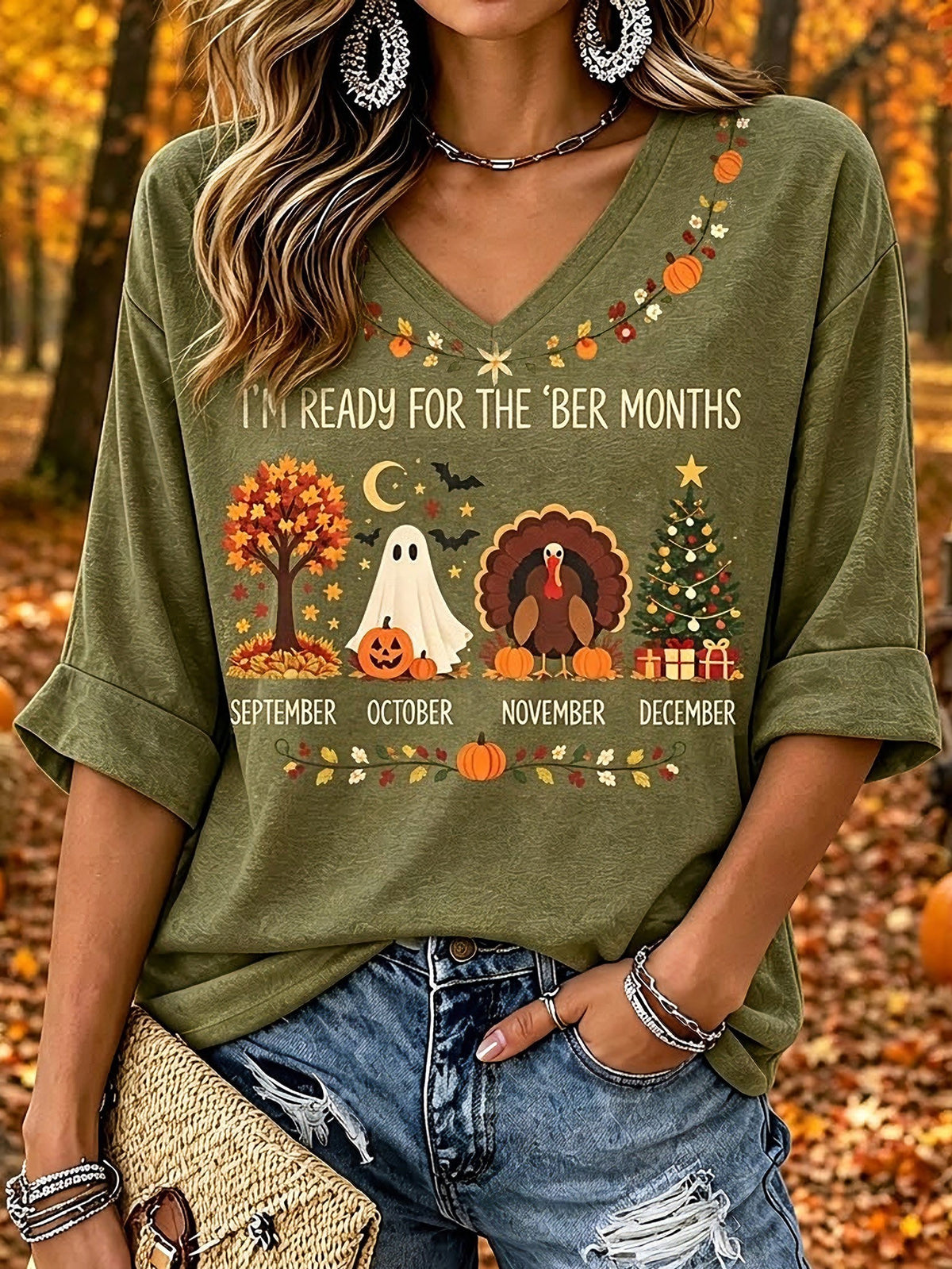 Cardydony Women's Retro Autumn Casual V-neck T-shirt