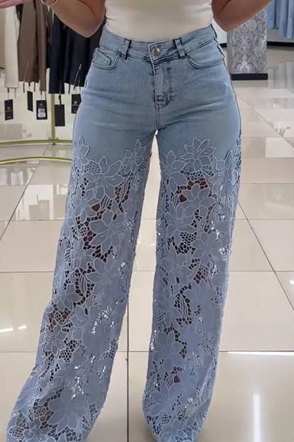 Cardydony Women's Fashion Hollow Lace Stitching Casual Pocket Denim Wide-leg Pants