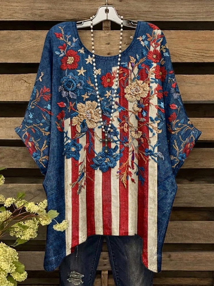 Cardydony Women's Floral Flag Stripe Art Print Casual Linen T-shirt