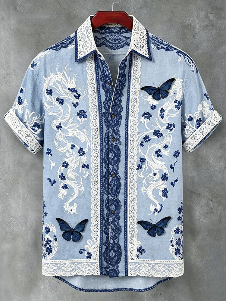 Cardydony Men's Floral Dragon Butterfly Lace Cotton Linen Short-sleeve Shirt