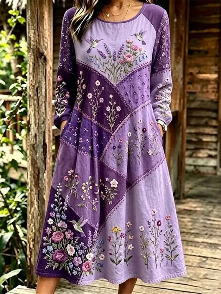 Cardydony Retro Floral & Hummingbird Patchwork Art Casual Long-sleeved Dress