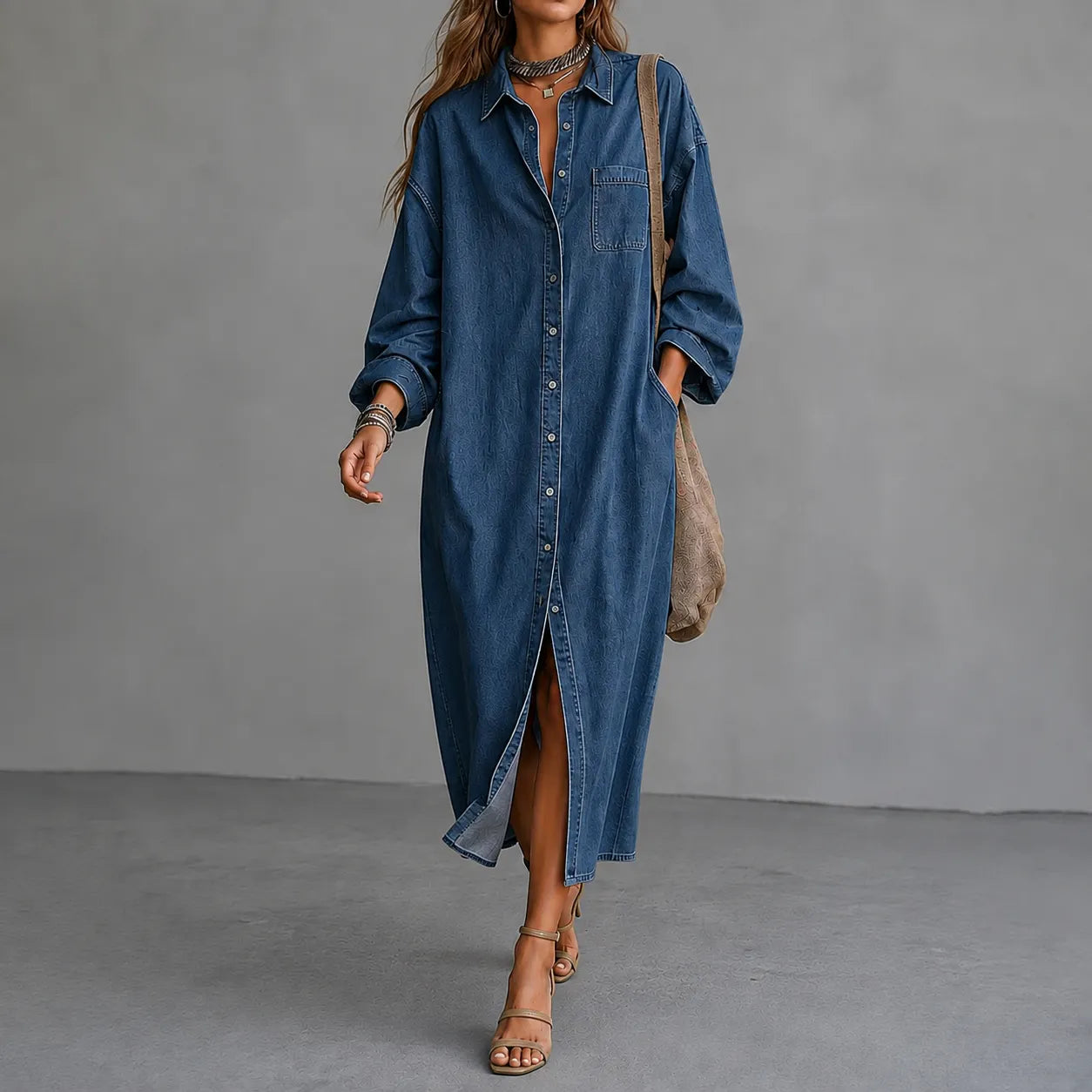 Cardydony Elegant Casual Single-breasted Collar Shirt Maxi Dress