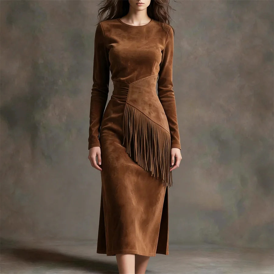 Cardydony Women's Vintage Fringe Suede Dress
