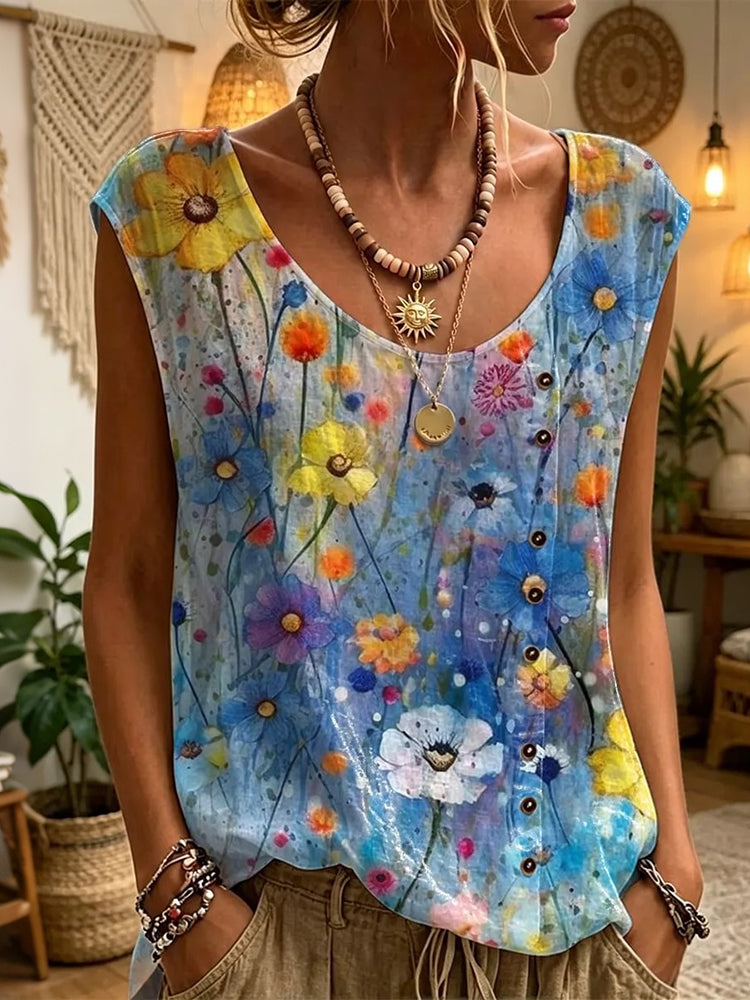 Cardydony Women's Ethnicity Bohemia Flowers Tie Dye Art Print Cotton Blend Tank Top