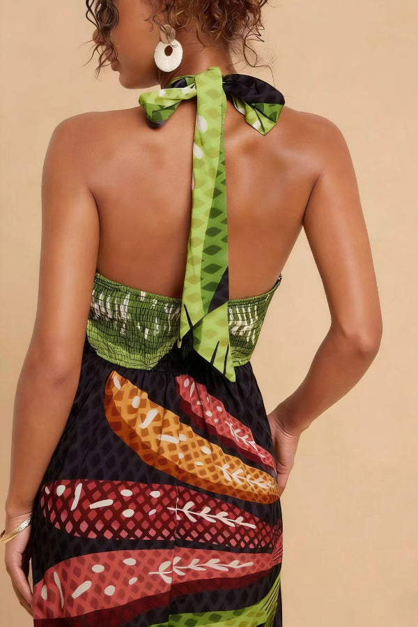 Cardydony Women's Multi-colored Fish Print Halter Neck Backless Printed Fitted Vacation Maxi Dress