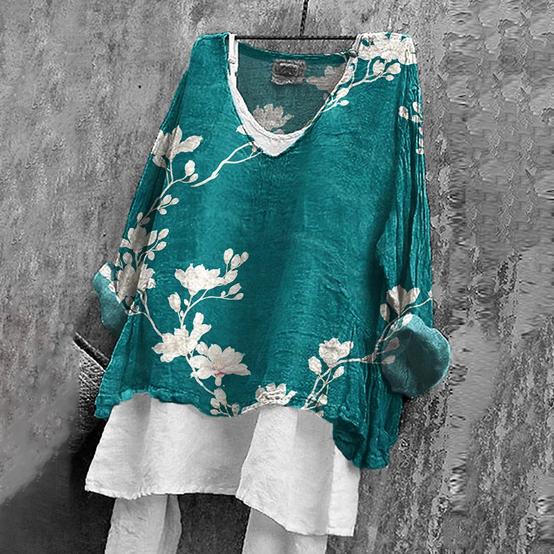 Cardydony Women's Japanese Floral Art V-neck Linen Blend T-shirt