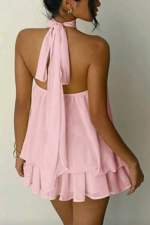 Cardydony Women's Fashionable Chiffon Halter Neck Backless Lace-up Casual Vacation Mini Dress
