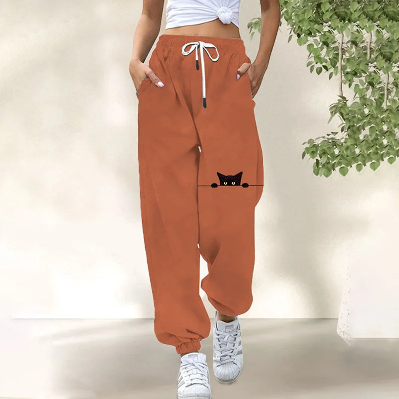 Cardydony Women's Casual Funny Black Cat Print Pants