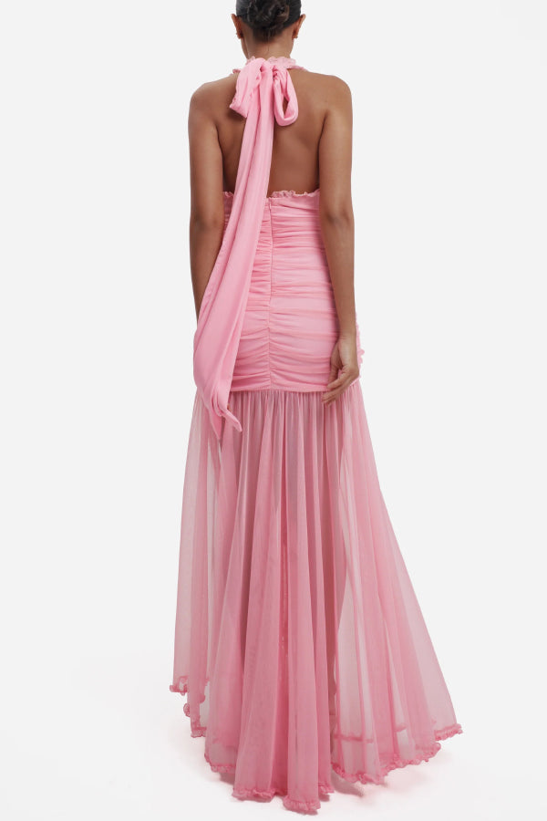 Cardydony Women's Elegant V-neck Sleeveless Pleated Ribbon Mesh Hem Maxi Dress